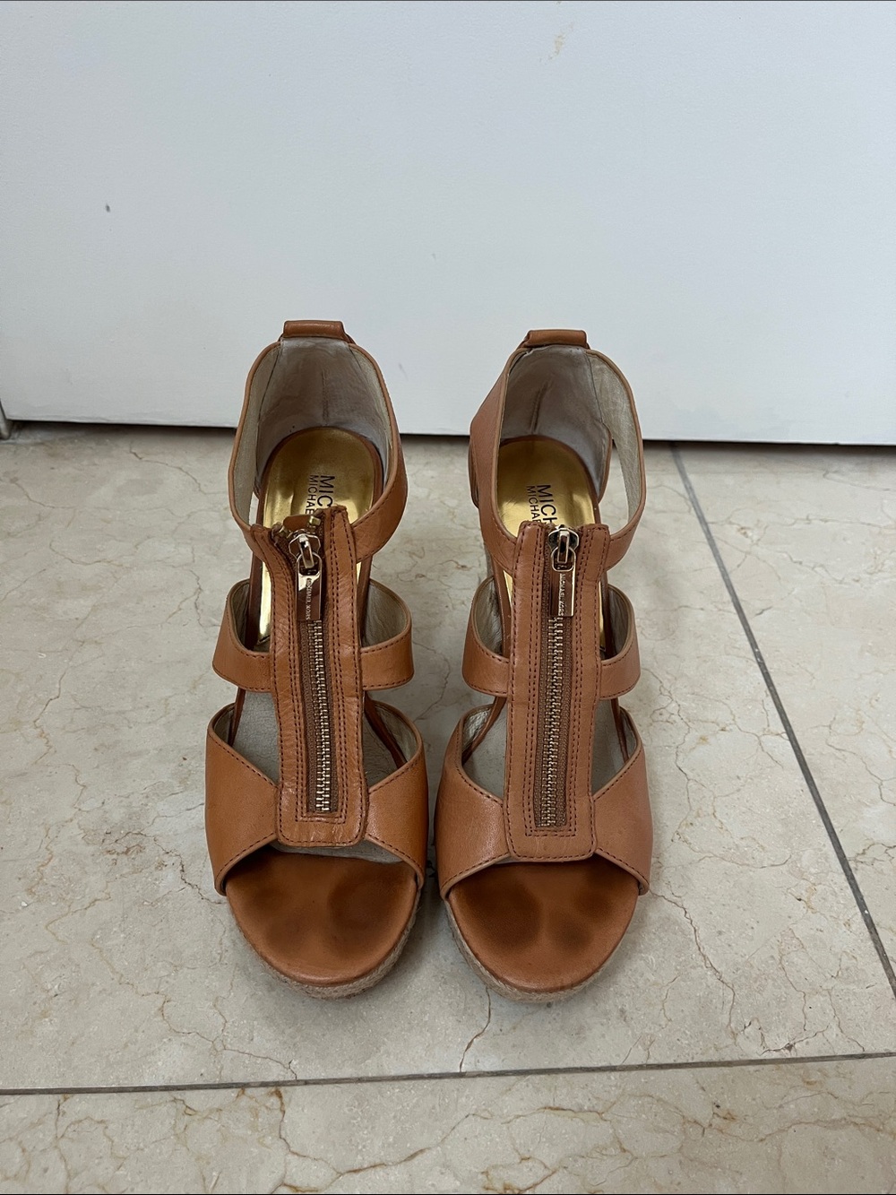 Michael Kors Cognac Leather Zip-Front Wedge Sandals